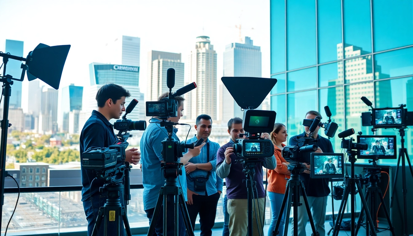 Video production edmonton team working collaboratively with equipment in an urban setting.
