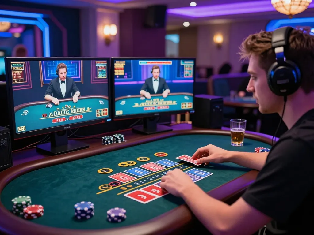 Engaged player enjoying a live baccarat game online, featuring modern gaming setup and immersive atmosphere.