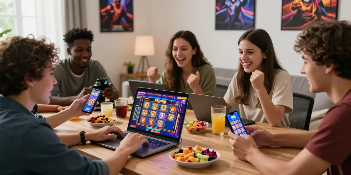 Friends celebrating a jackpot win on slot depo 1k gaming night with snacks and drinks.