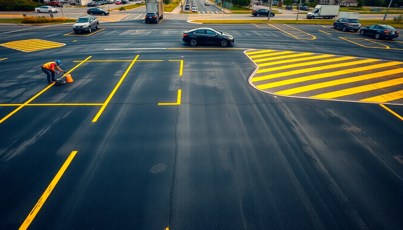 Parking lot striping Highway 80 Jackson MS with freshly painted lines at a busy intersection.