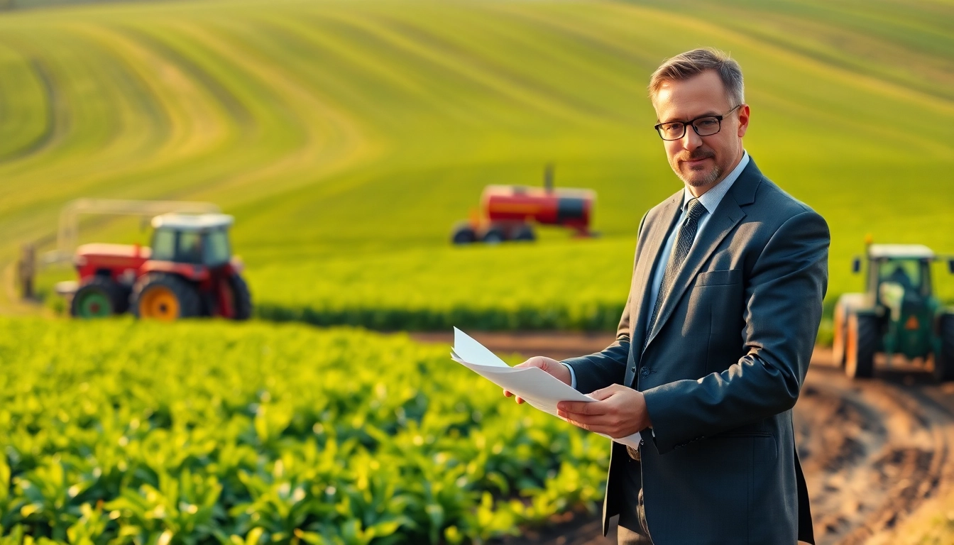 Agriculture law expert consulting in a vibrant rural landscape, showcasing expertise and trust.