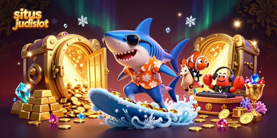 Experience thrilling action at the situs judi slot with the friendly shark and crab DJ celebrating jackpot wins!