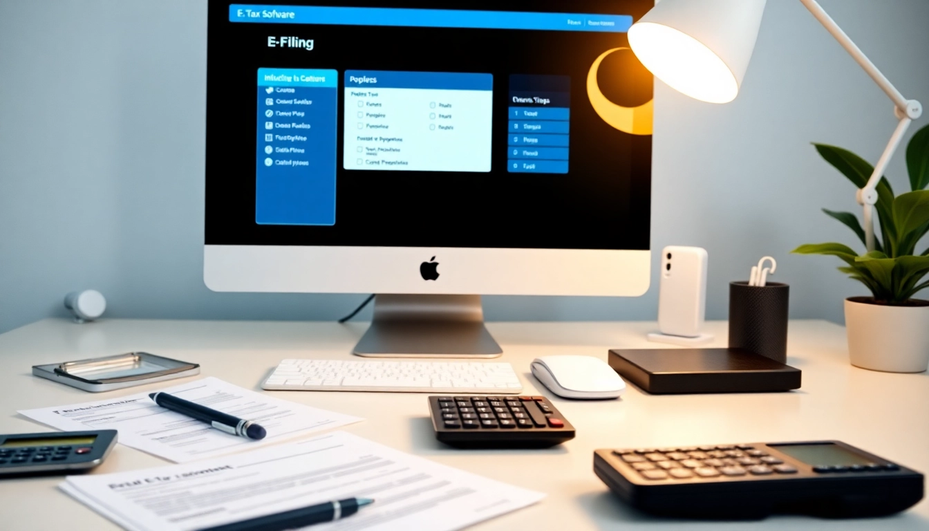 E-filing software on a computer screen in a professional tax workspace.