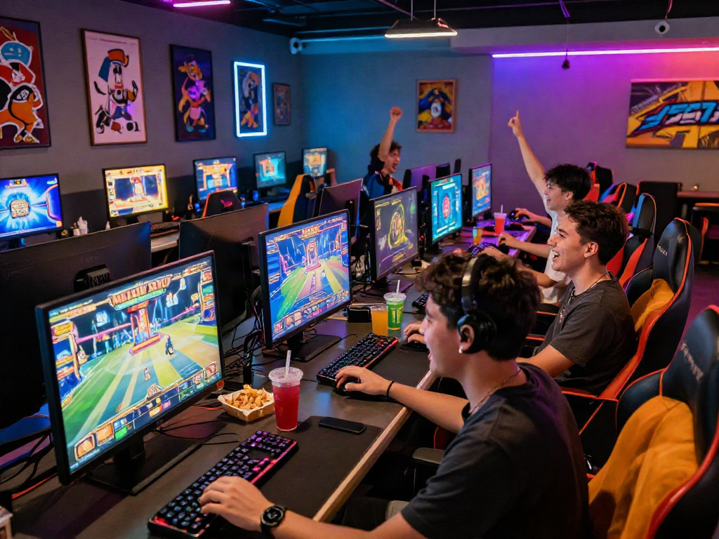Engaged gamers in a vibrant lounge enjoying slot server luar negeri experience, illuminated screens and snacks creating a lively atmosphere.