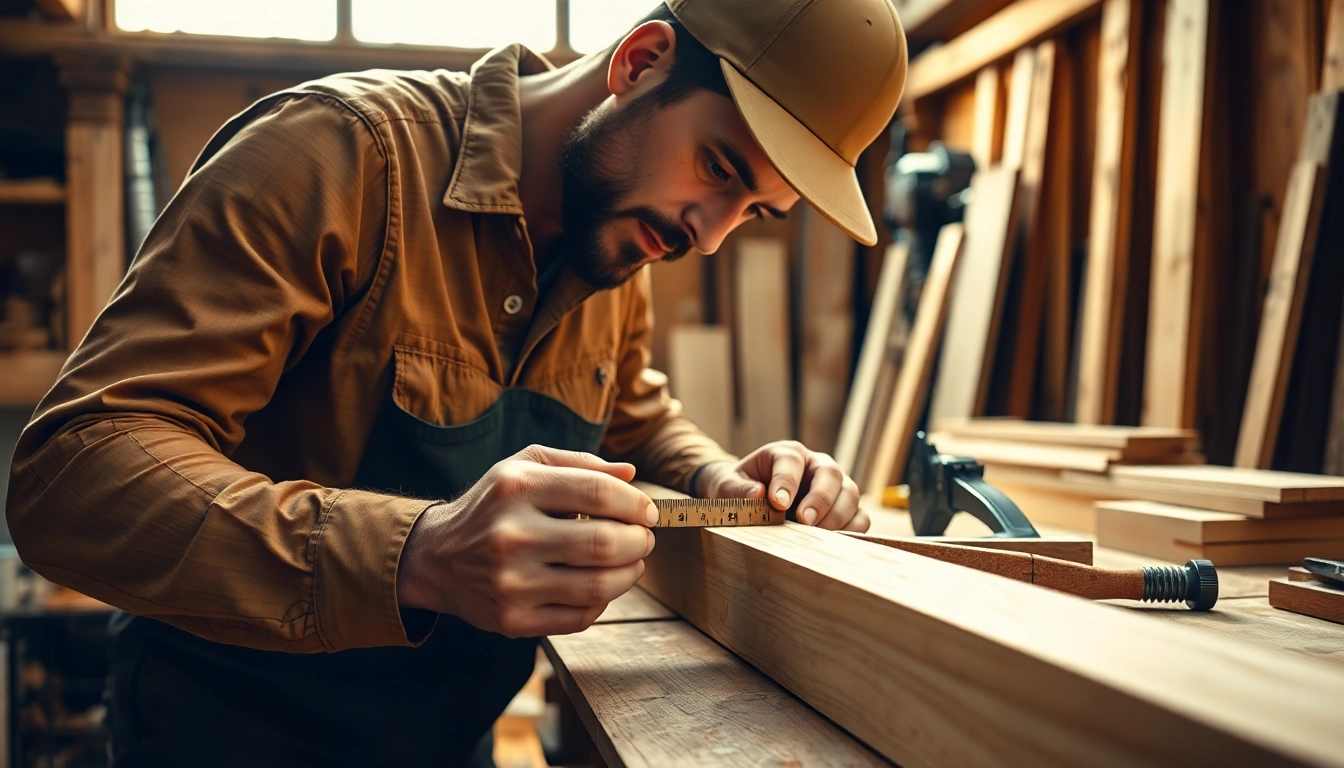 Engaged carpenter demonstrating skills in carpentry apprenticeship with tools and wood materials.