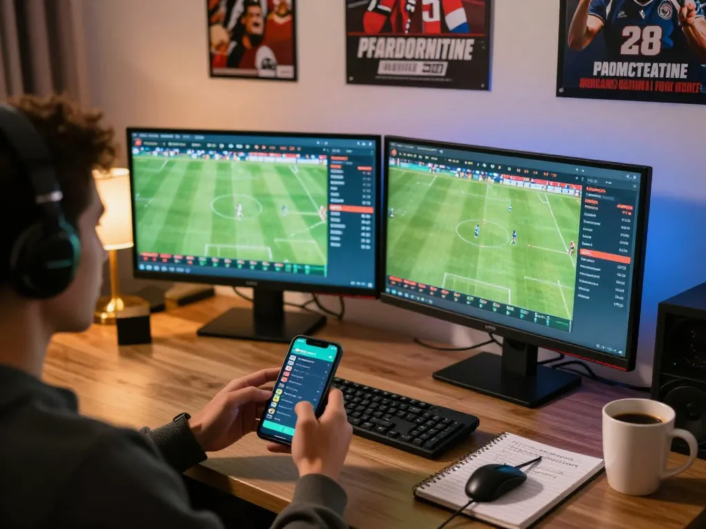 Person analyzing live kqbd scores on smartphone in modern home betting setup