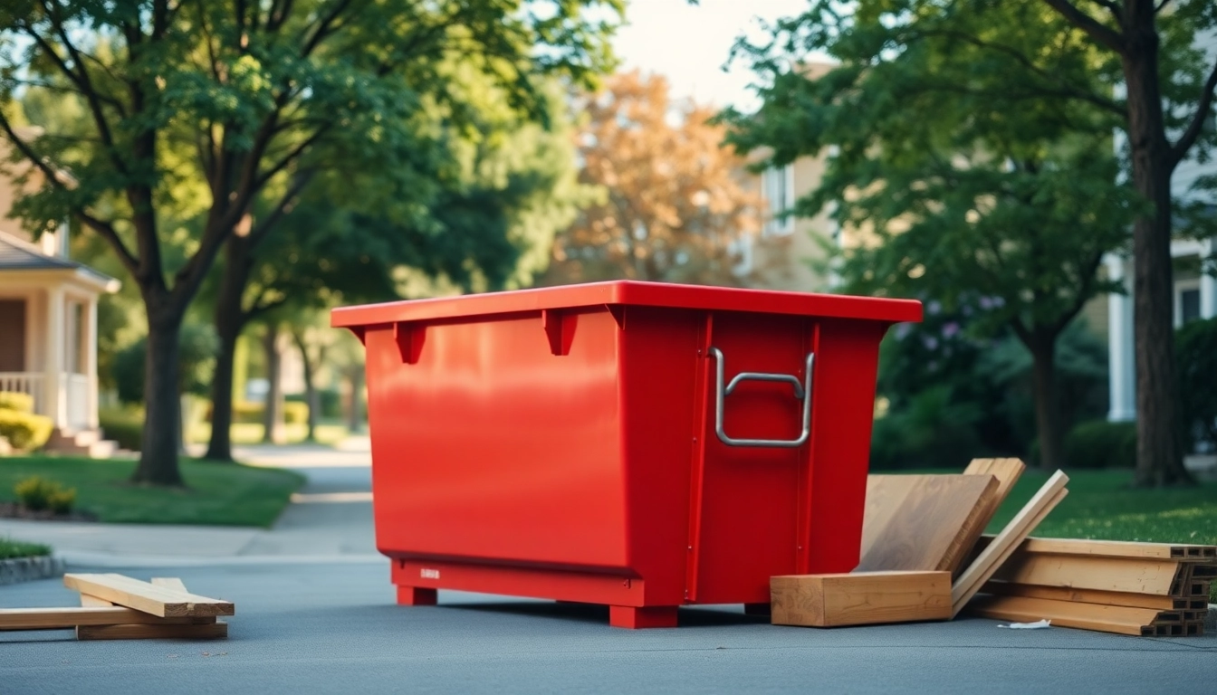 Residential bin rental service with a bright red dumpster in a clean urban neighborhood.