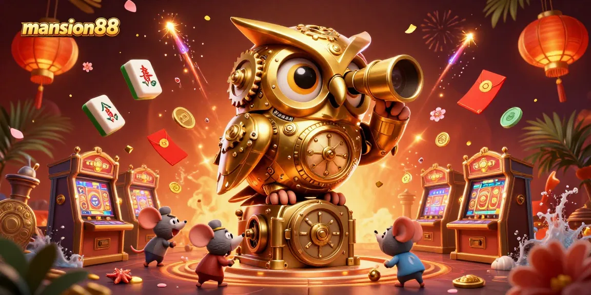 Engage your luck at mansion88 with a vibrant scene of an owl and mice in a bustling casino atmosphere.