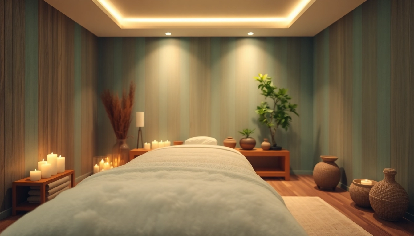 A tranquil massage room set for 출장안마 with soft lighting, calming colors, and inviting decor.