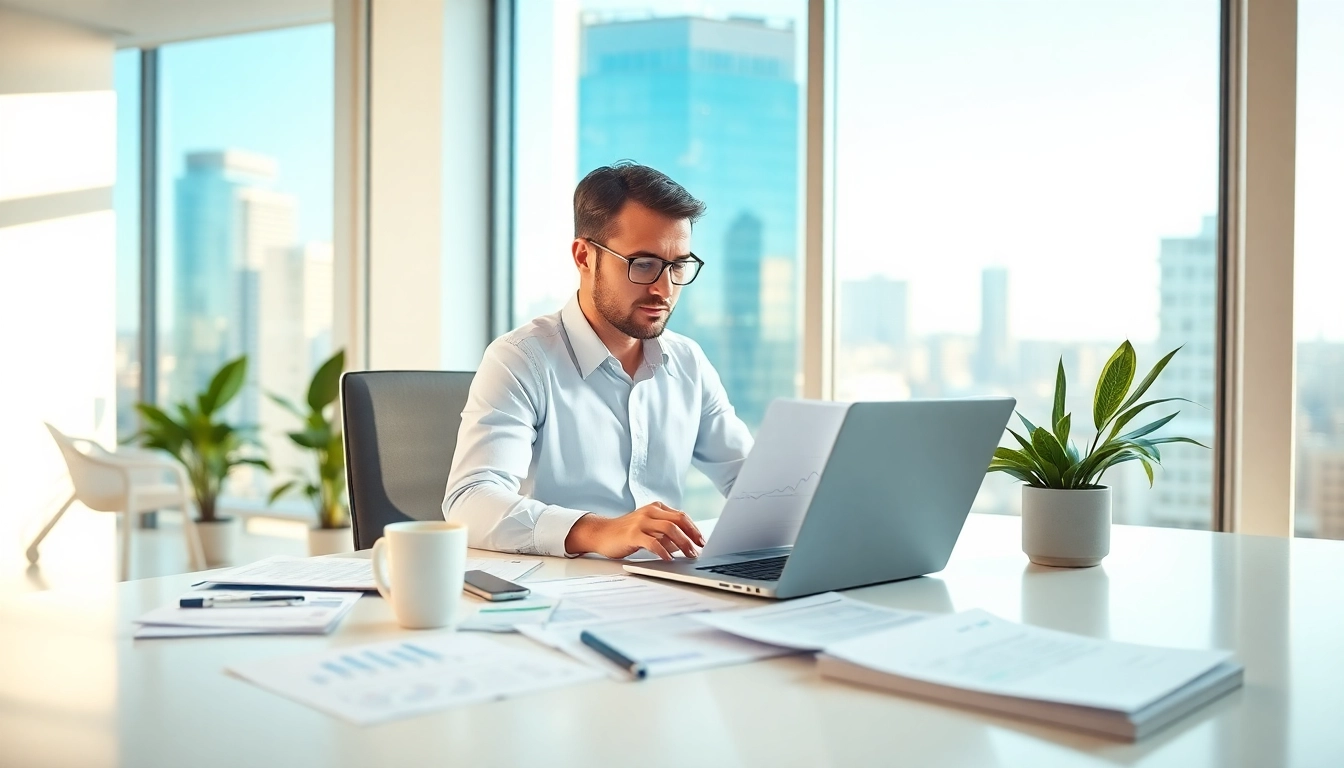 Engaged professional handling small business accounting and bookkeeping tasks in a bright workspace.