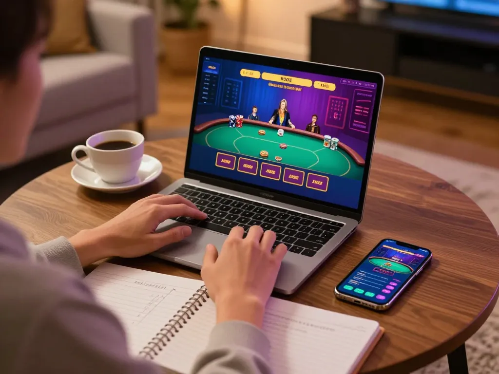 M88 không bị chặn thể hiện một người chơi đắm chìm trong poker trực tuyến, ghi lại không khí trò chơi sôi động.