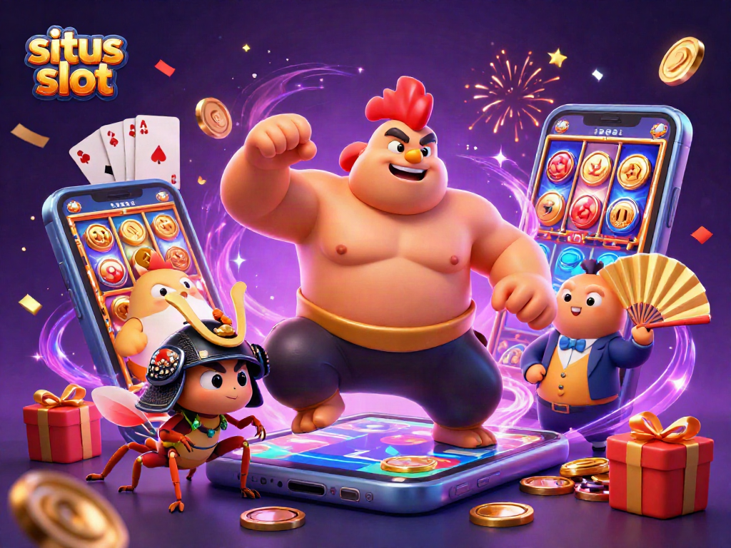 Engage in thrilling situs slot adventures with a powerful rooster and samurai cricket in an exciting casino scene.