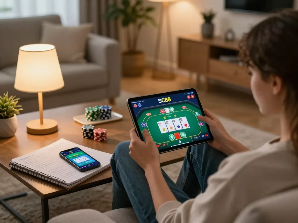 Player engaging with SC88 online gambling app on tablet, enjoying a cozy home gaming experience.