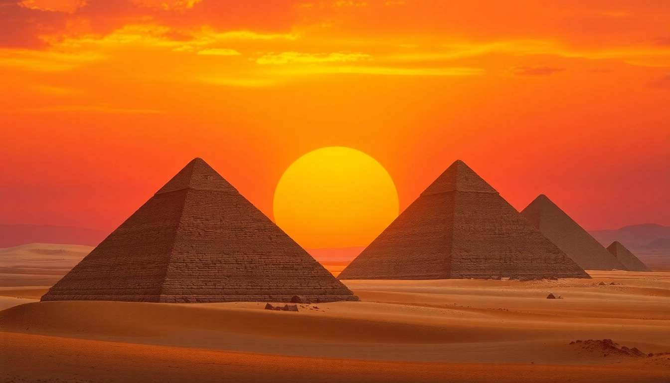 Pyraminds stand majestically at sunset, showcasing their ancient architecture and desert landscape.