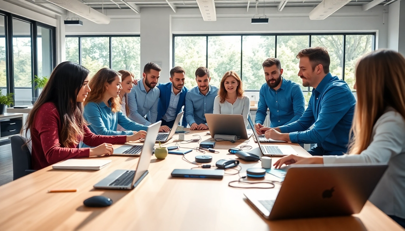 Team providing IT support services in a vibrant office setting with collaboration tools.