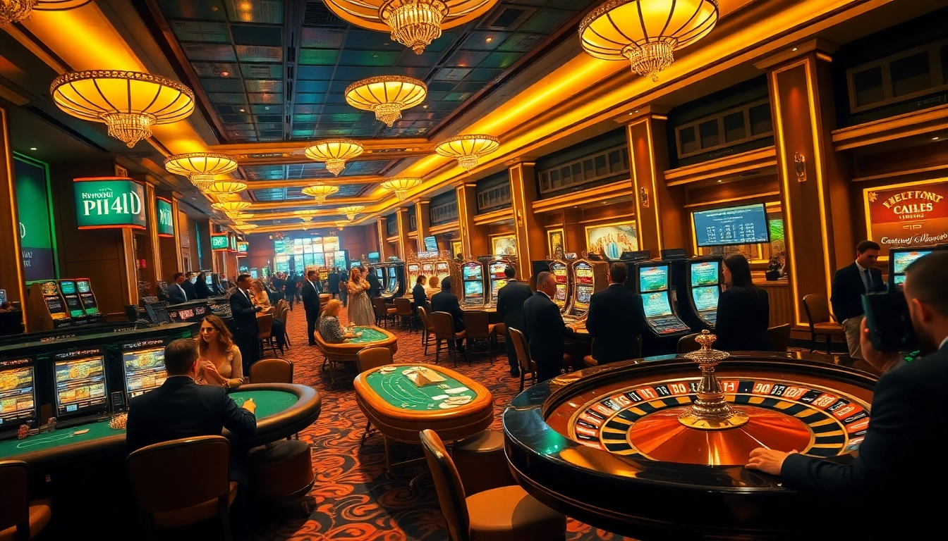 KPI4D enthusiasts enjoying vibrant casino gameplay with poker tables and slot machines in a luxurious setting.