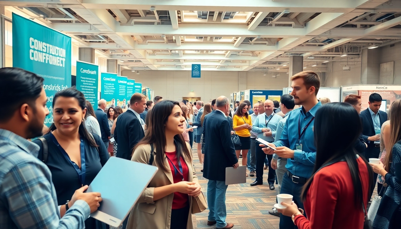 Engaged professionals at construction networking events exchanging ideas and business contacts in a well-lit hall.