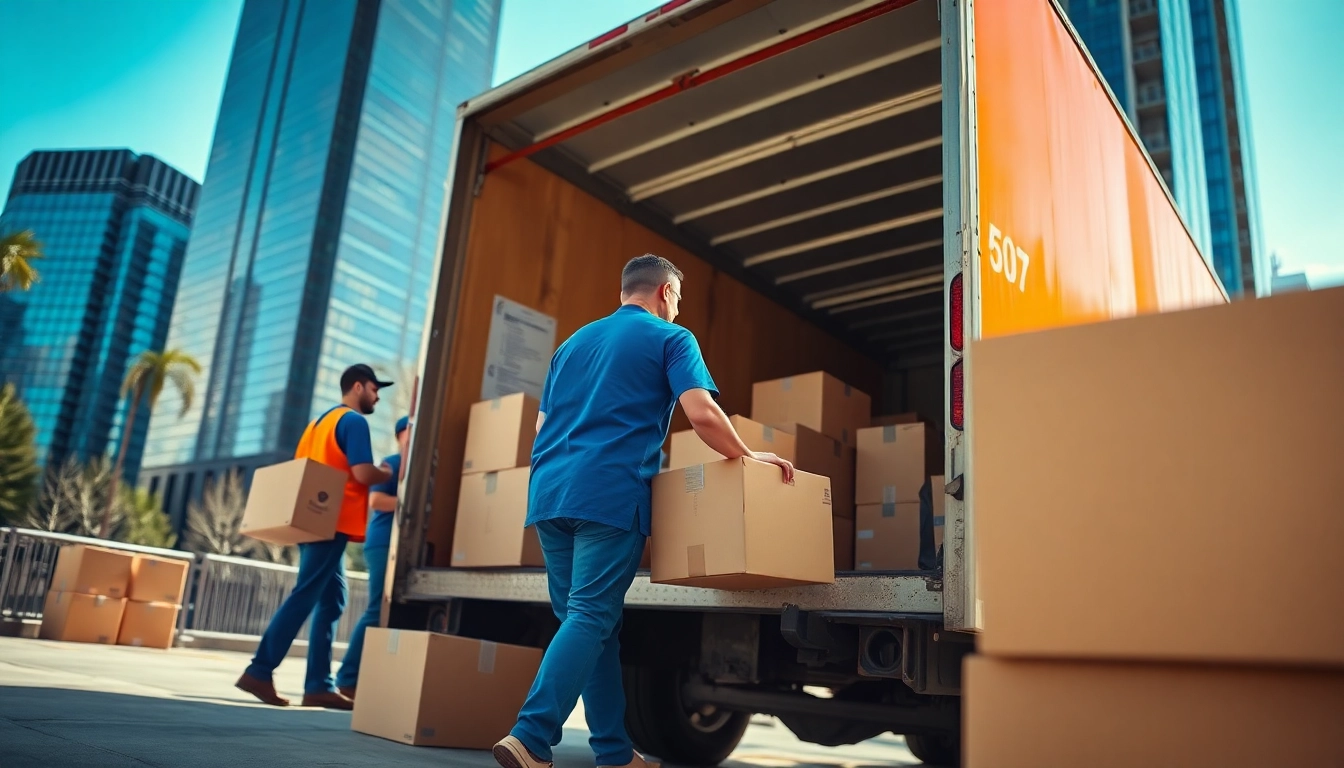 Movers from moving companies Chicago efficiently loading a truck with boxes amidst the city skyline.
