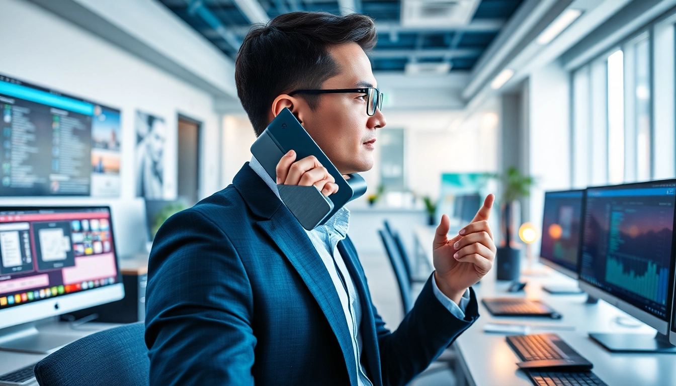 Engaging conversation with a digital landline provider in a vibrant office environment.