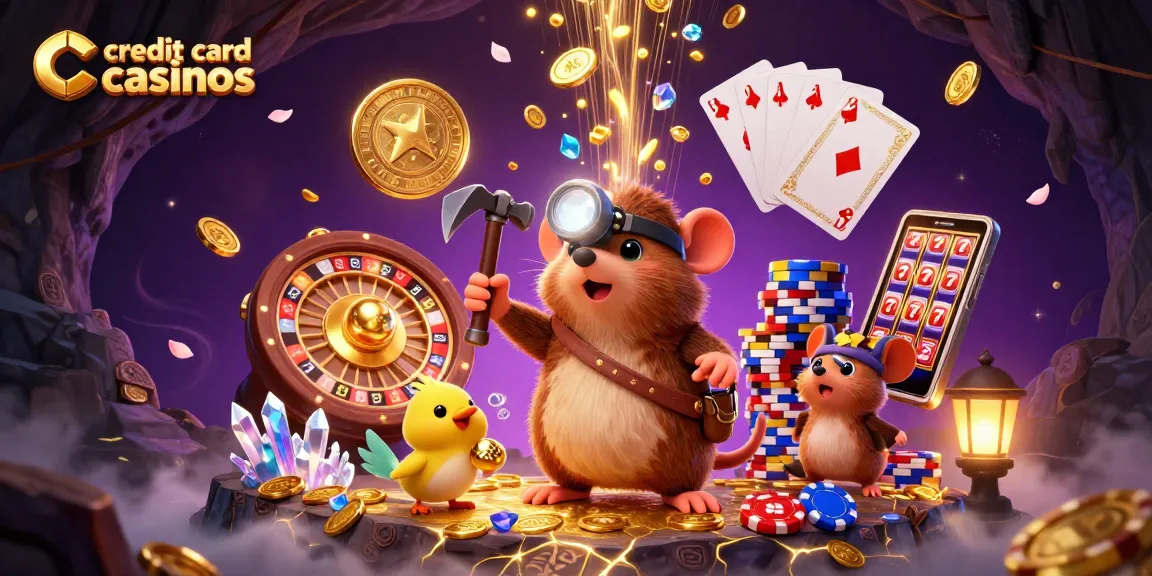 Engaging scene of credit card casinos with a treasure hunter mole and a canary amidst casino elements.