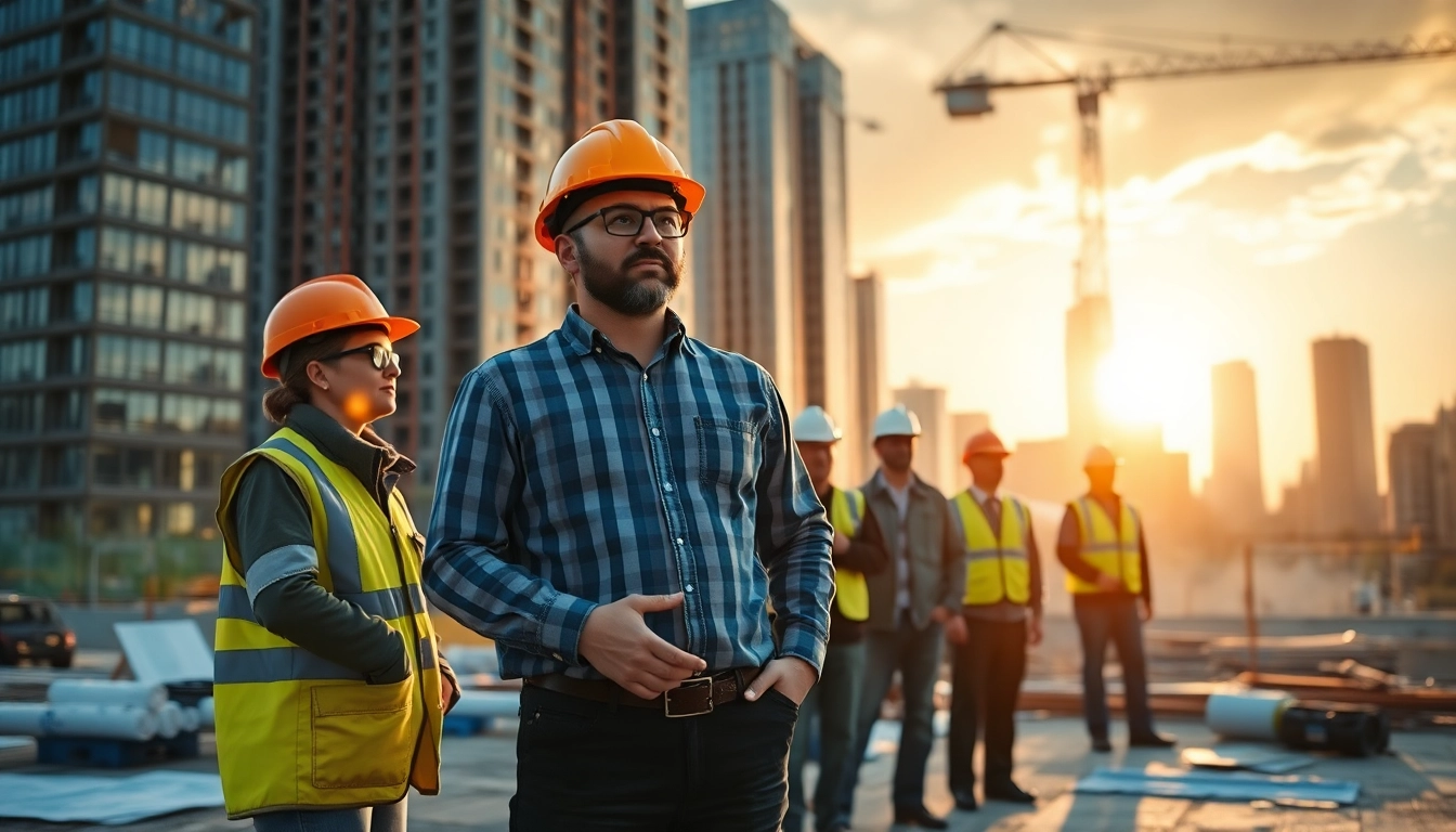 New York General Contractor directing construction teamwork at an urban site.