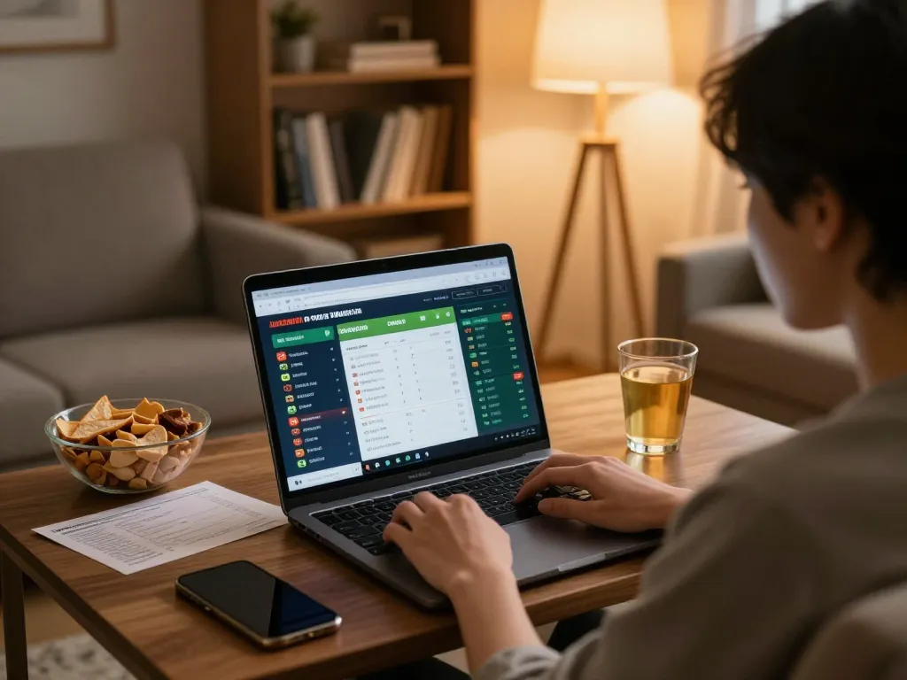 Person engaging in sports betting on jae888 in a cozy living room, focusing on betting odds and strategy.