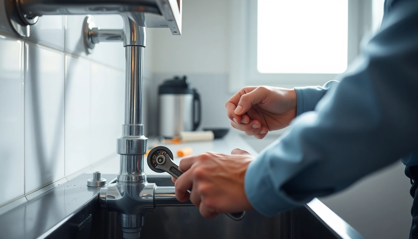 Plumber near me fixing a sink with specialized tools in a bright, modern kitchen.