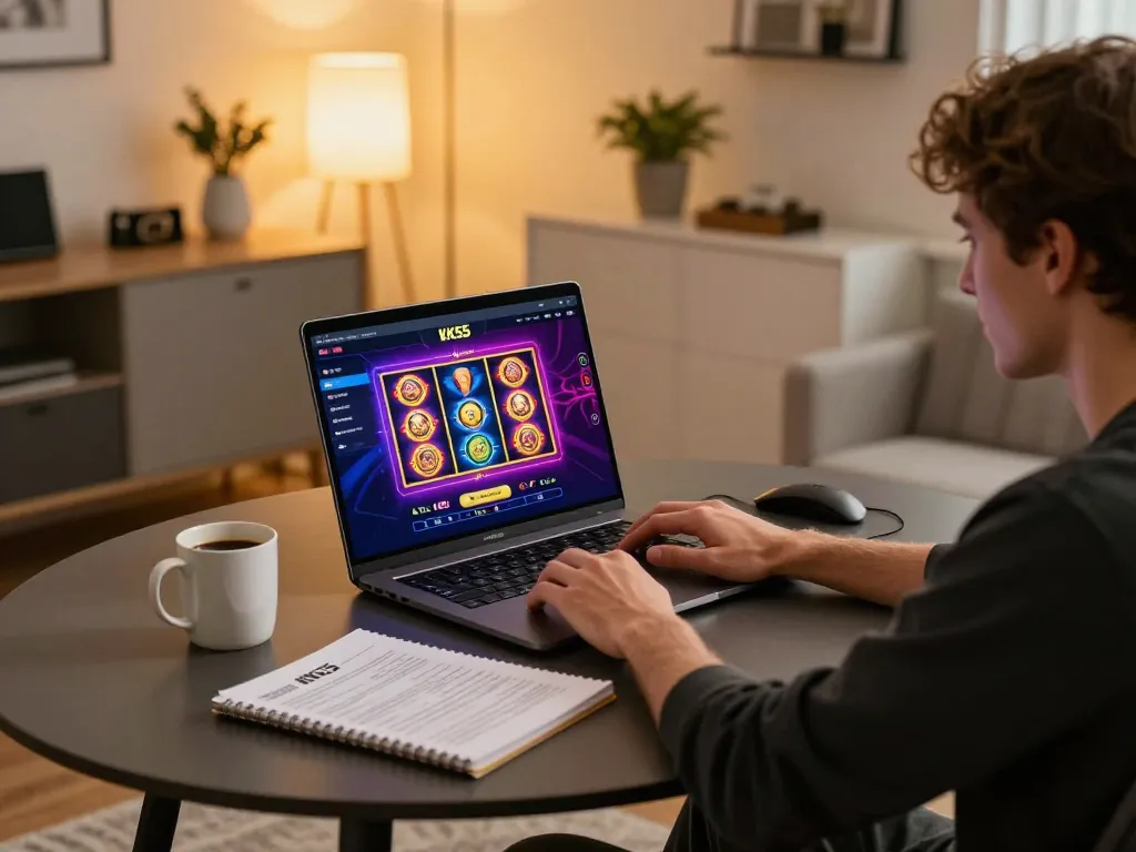 Engaging online gaming session on KK55 platform with vibrant slot games displayed