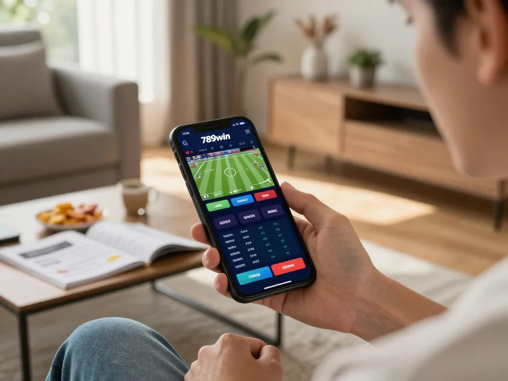 Engaging in sports betting via smartphone on 789win link mới, capturing a casual and thrilling gaming atmosphere.