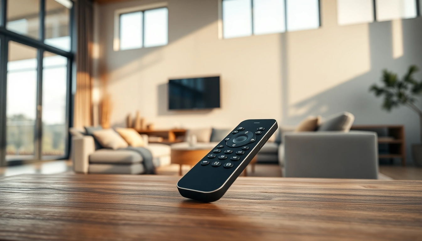 Steuern Sie Geräte mit einem modernen Smart Remote Control in einem eleganten Wohnraum.