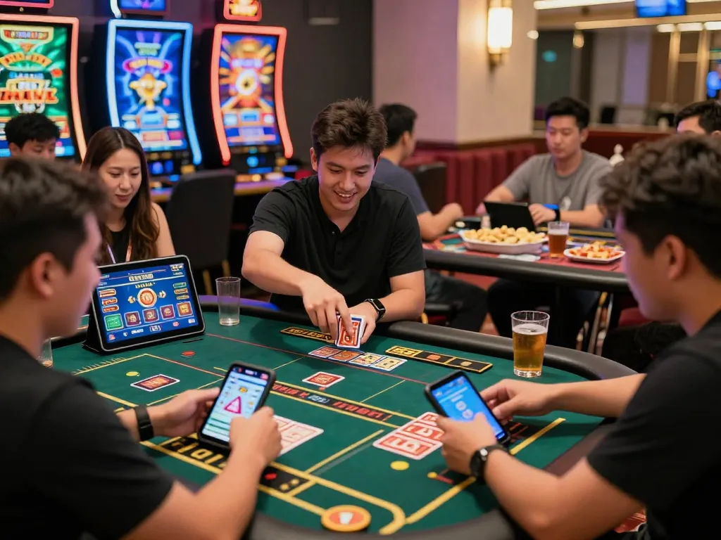Players enjoying go88 online gaming on tablets in a vibrant casino atmosphere.