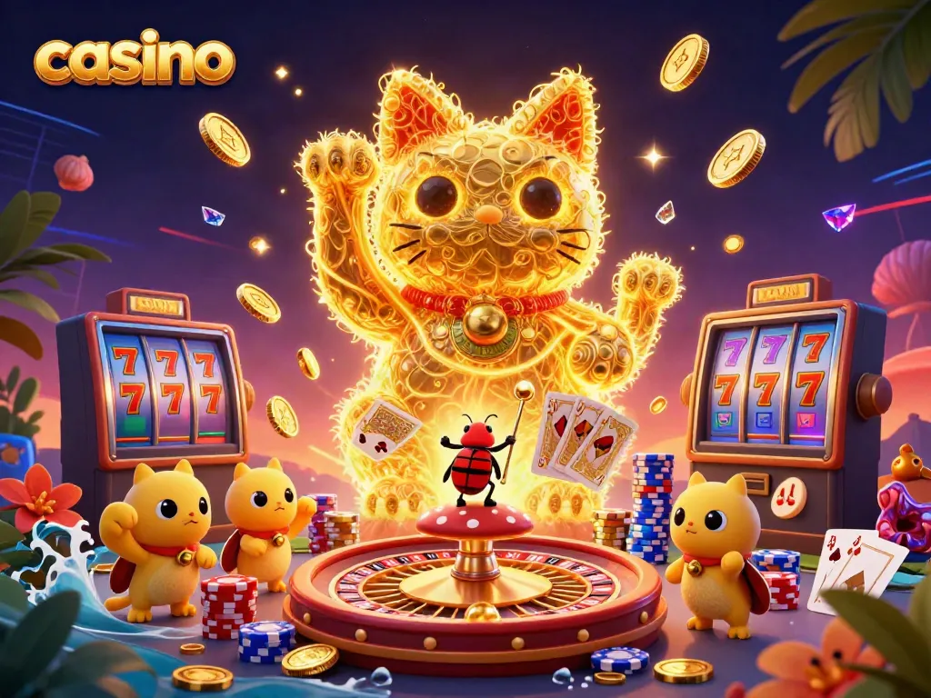 Engage with the vibrant casino scene showcasing a giant lucky cat, golden coins, and poker chips.