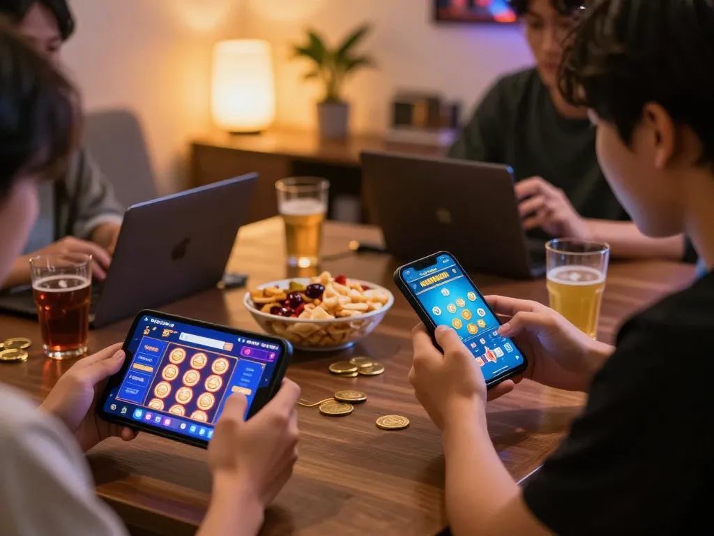 Engaged players enjoying situs slot gacor on smartphones in a cozy online gaming setup.