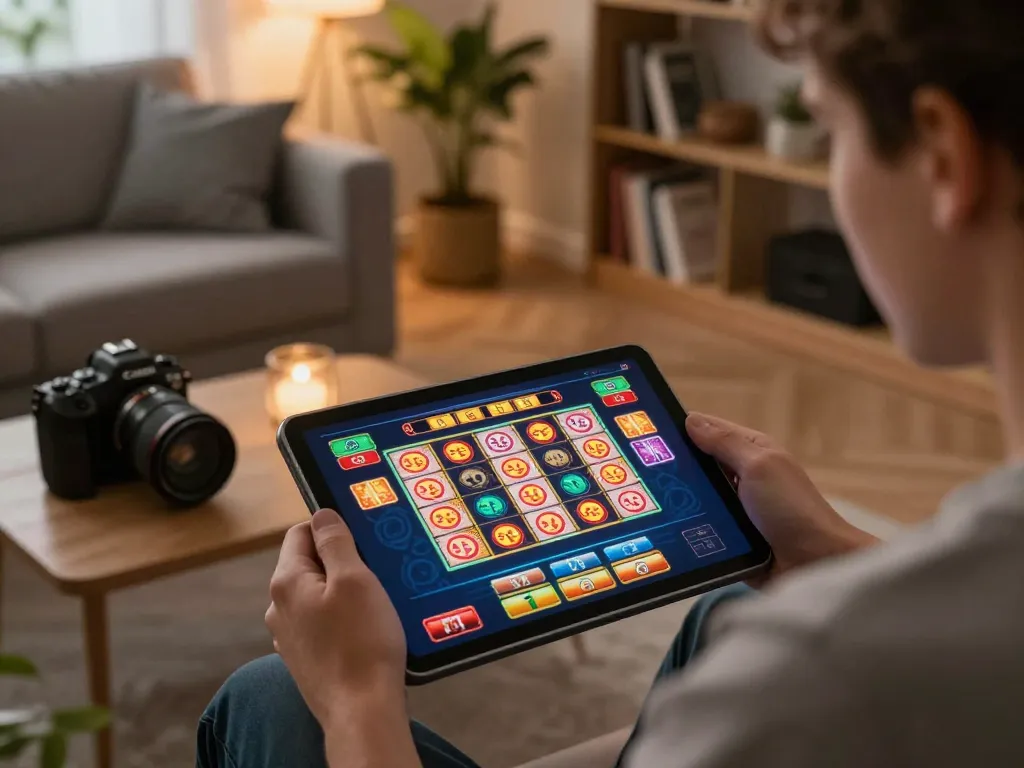 Engaging in toto slot gameplay on a tablet in a cozy living room atmosphere.