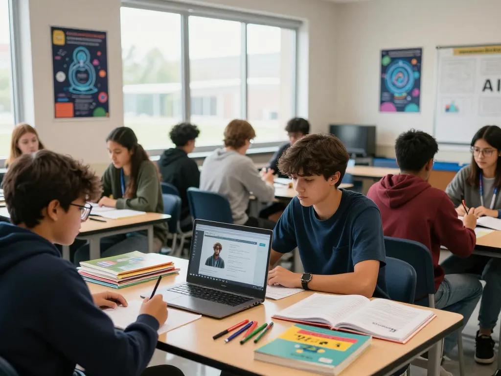 Students are using AI for school work in a collaborative classroom setting, showcasing teamwork and modern learning techniques.