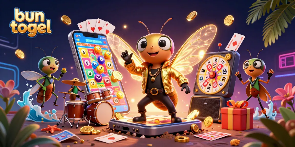 Experience bun togel excitement with a rock star cicada amidst vibrant lottery games and golden coins.