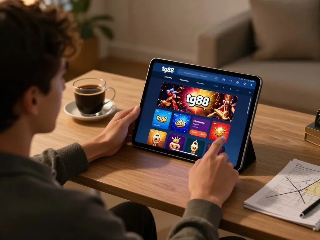 Player enjoying tg88 online casino app on tablet in a cozy home setting.