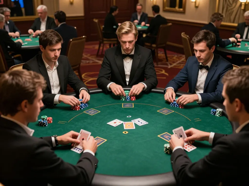 Players enjoy a strategic poker game at jmb88 casino, showcasing intense gameplay and vibrant atmosphere.