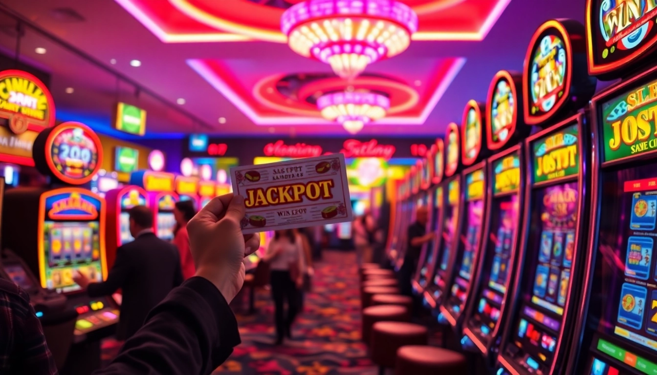 Memenangkan jackpot dengan slot depo 1k dalam suasana kasino yang ramai dan terang.