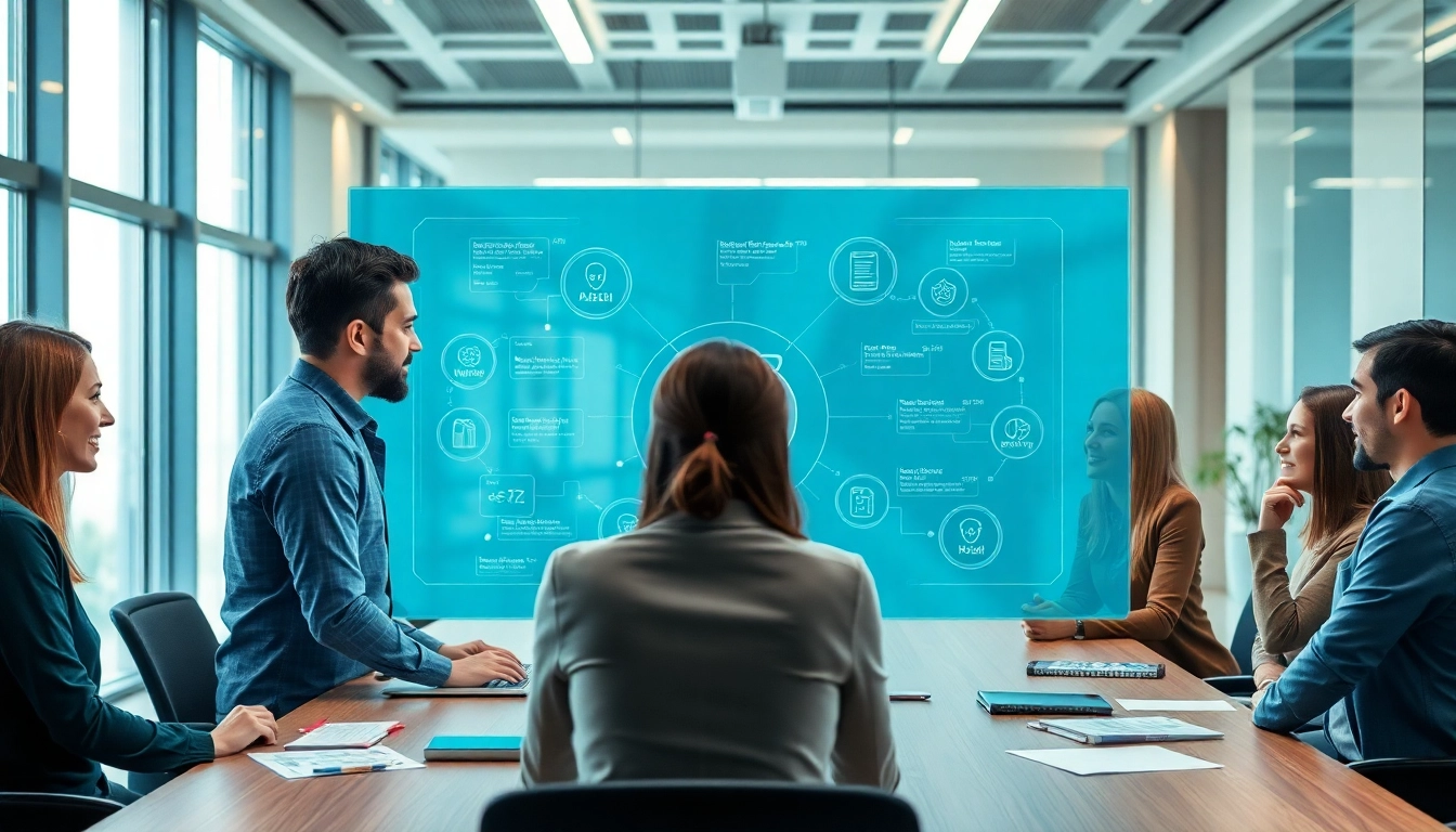 Engaged employees utilizing an enterprise assistant for collaboration in a modern office setting.