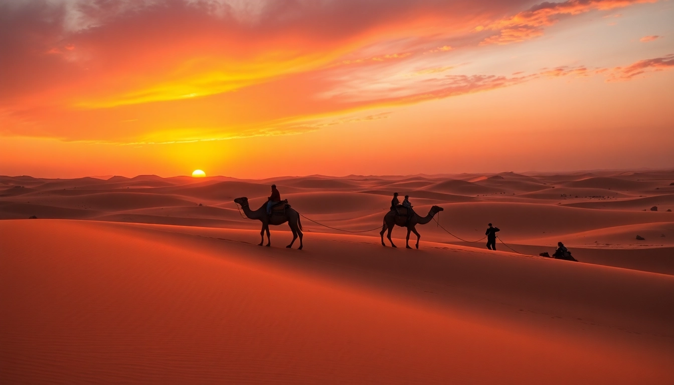 Agafay Desert camel ride at sunset, showcasing camels against a stunning sky.