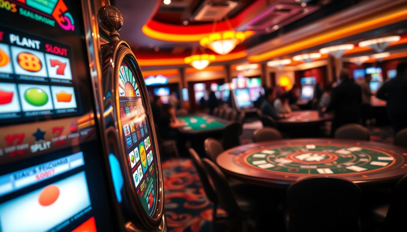Engage with slot88 at a lively casino, featuring vibrant slot machines and excited players.