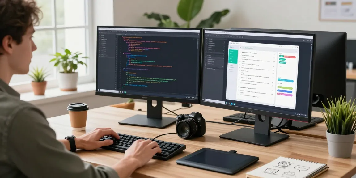 Professional workspace showcasing a developer coding for 纸飞机官网 with a vibrant interface and tech gadgets.