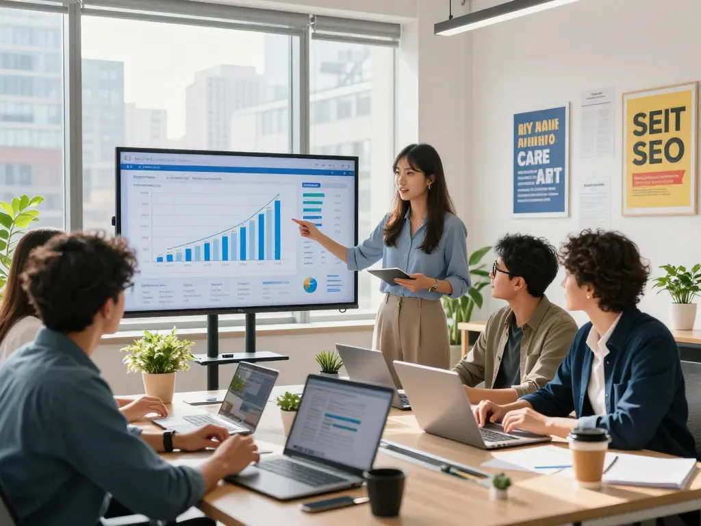 SEO Company in NYC team collaborating on strategies in a modern office setting, showcasing diversity and digital marketing efforts.