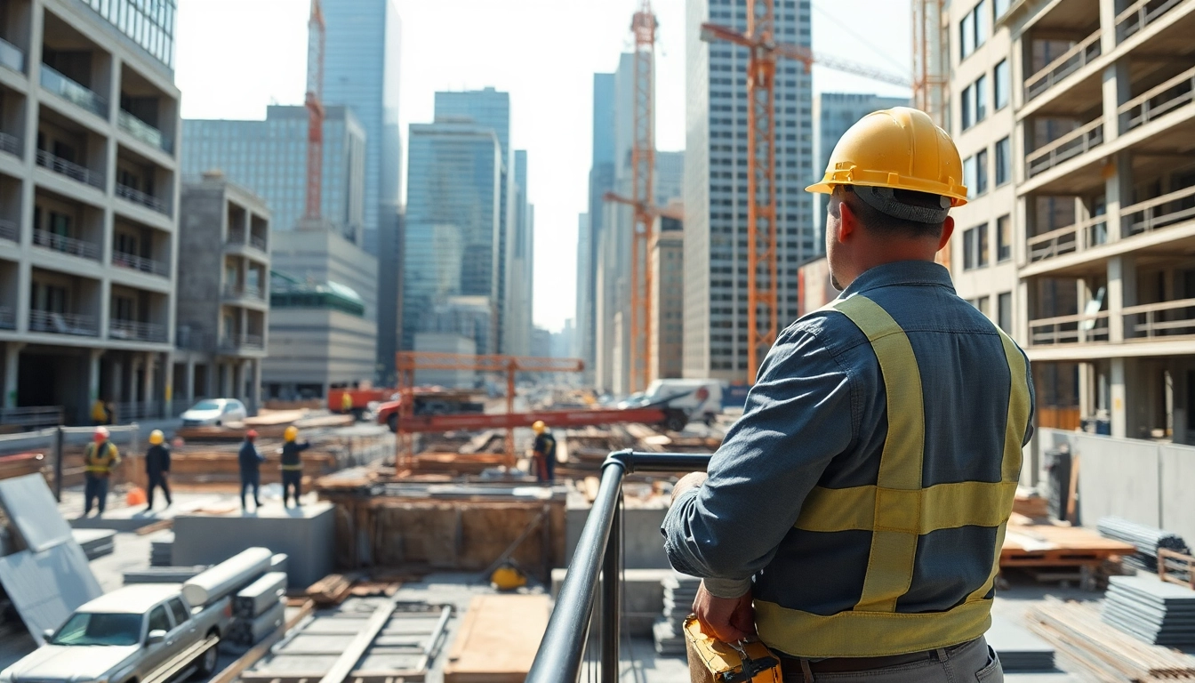 New York General Contractor managing an urban construction site with skilled workers and cranes.