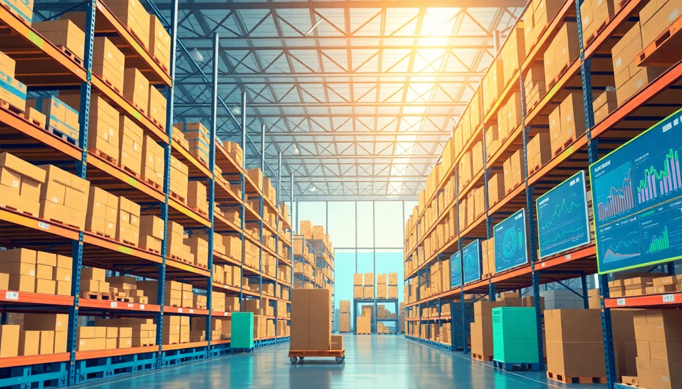Visualize multi-echelon inventory optimization through a modern warehouse scene demonstrating effective inventory management.