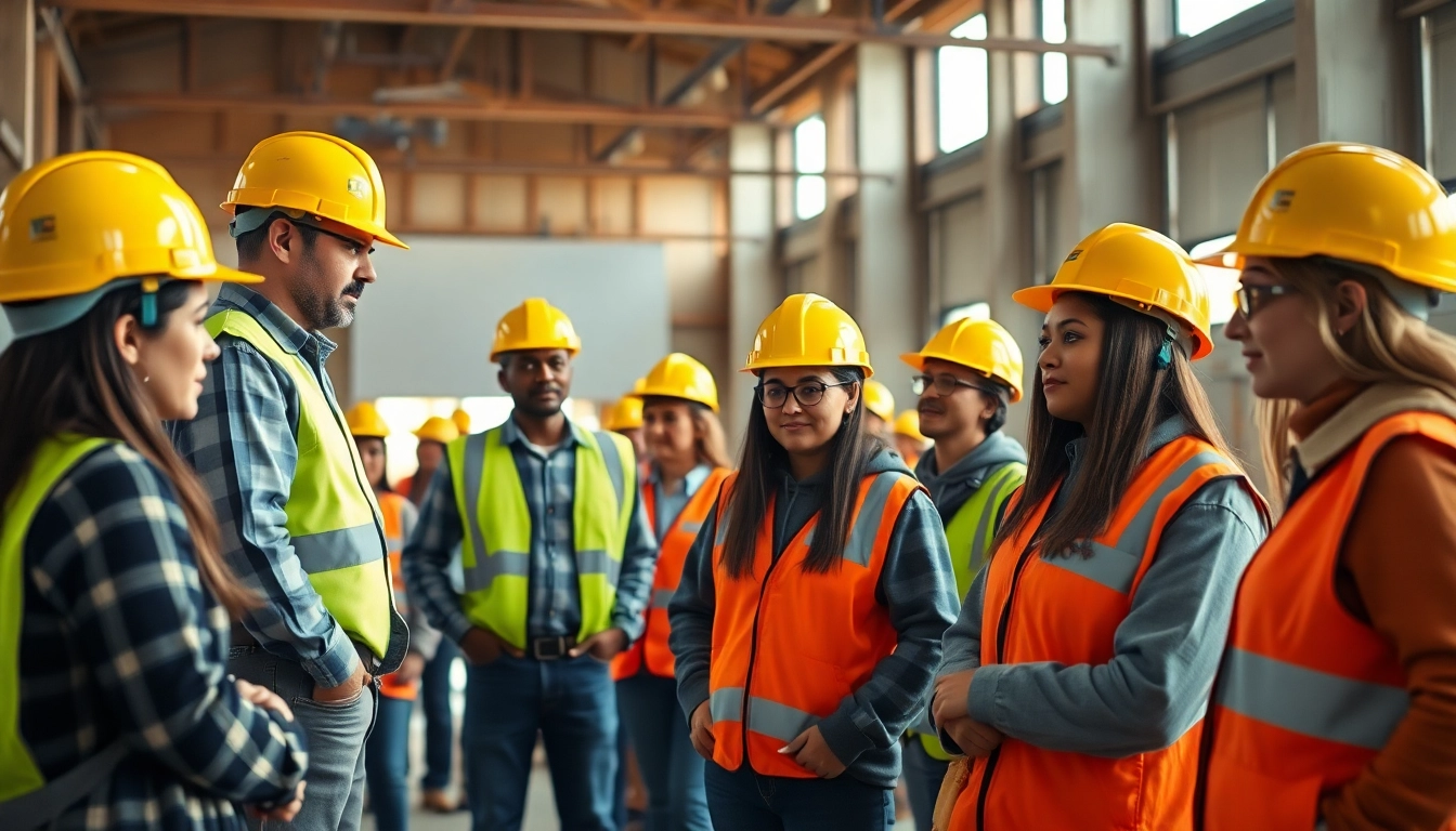 Engaged individuals in construction workforce training showcasing safety gear and hands-on techniques.