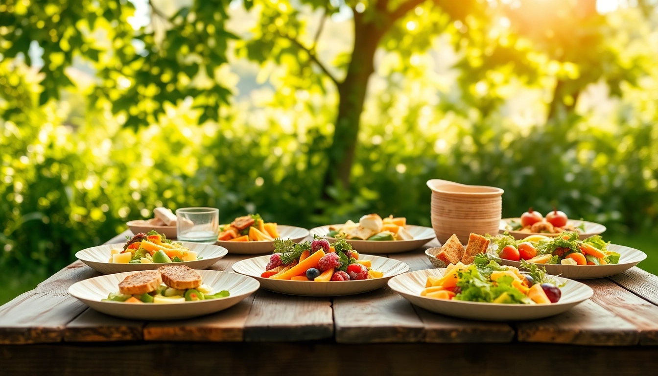 Set of compostable sugarcane plates loaded with fresh food at a picnic, showcasing eco-friendliness and sustainability.