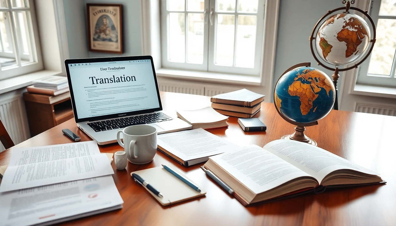 Expert traducteur assermenté allemand dans un espace de travail professionnel avec des documents et de la technologie.