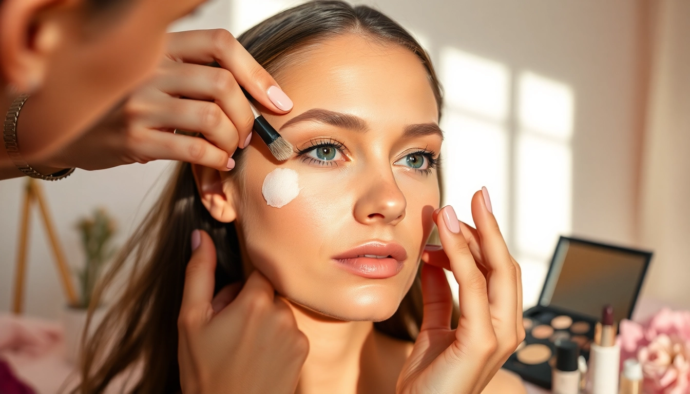 Applying Glow Blend enhances skin radiance, showcasing a professional makeup artist's technique.